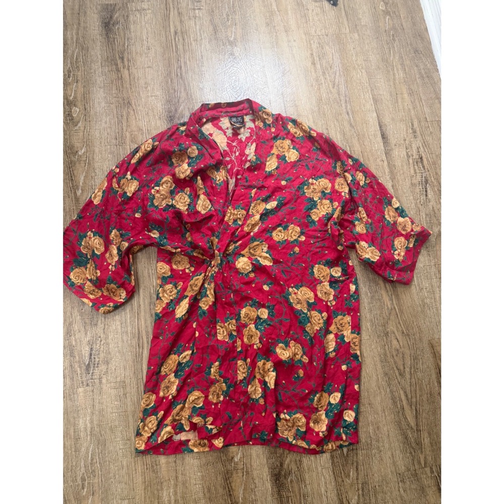 Morgan Taylor Silk Robe Red Yellow Floral Rose Jacquard Kimono Wrap ML 100% Silk